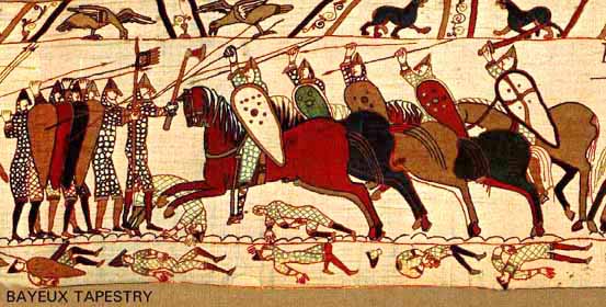 Early medieval Norman knights charging English foot-soldiers at the Battle of Hastings (1066 C.E.) from the Bayeux Tapestry